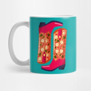 A pair of cowboy boots decorated with flowers on blue background. Vibrant and colorful vector illustration. Mug